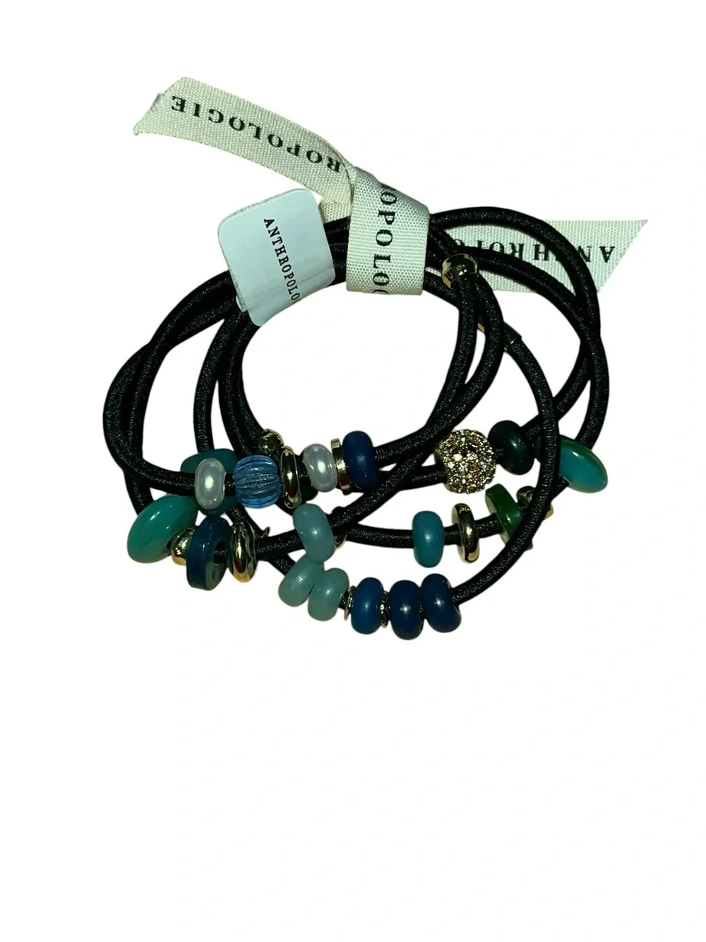Anthropologie Mixed Beaded Hair Ties, featuring blue and green glass beads